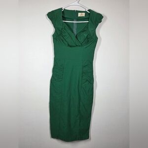 GRACE KARIN VINTAGE V NECK SLEEVELESS RUCHED GREEN MIDI PENCIL DRESS sz S GUC